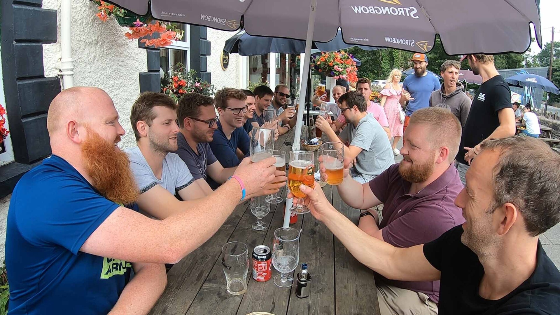 a stag do enjoying beers in Brecon Beacons, Wales